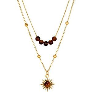 🌞 Layered Tiger’s Eye Necklace | Double Chain Choker & Sun Pendant